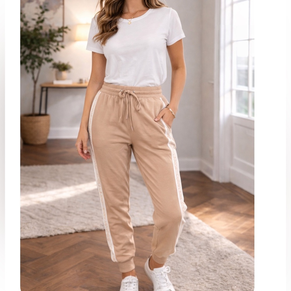 CALVIN KLEIN JEANS Tan Joggers with Logo Side Stripes S NWOT